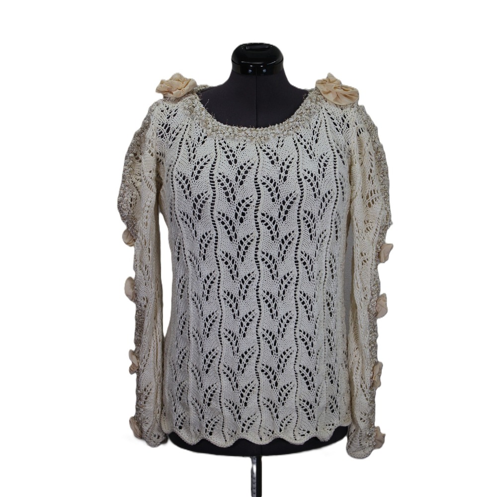 Vivienne Poy Knit Sweater Women's Small Cream Floral Embellished‎ Pullover